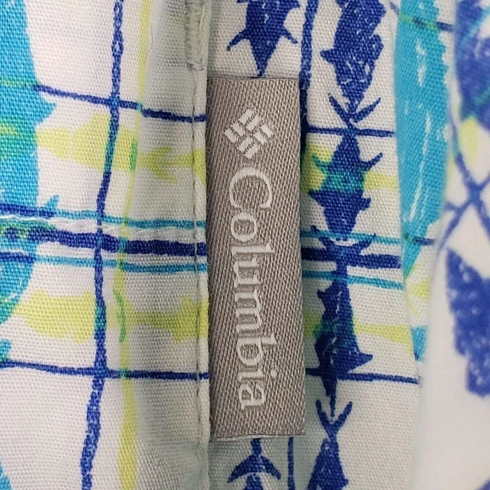 Columbia PFG Shirt Men Size XL Yellow Blue Fish Plaid Vented Short Sleeve Button